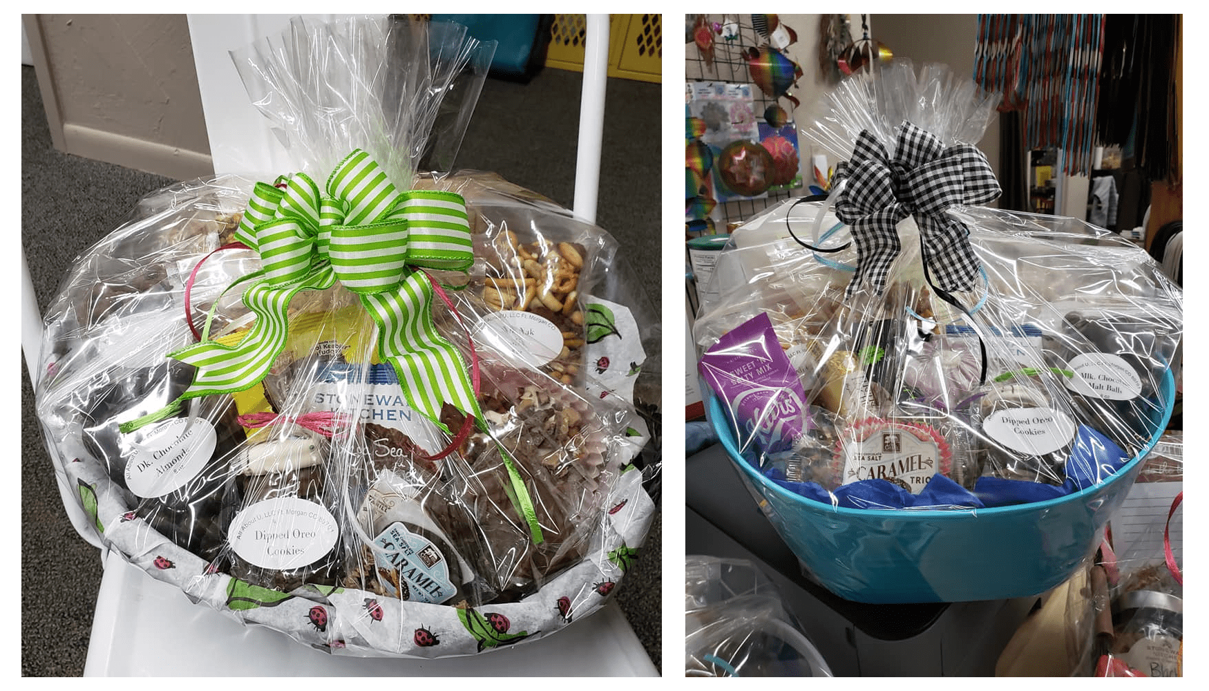 Two baskets of food are shown with ribbons.